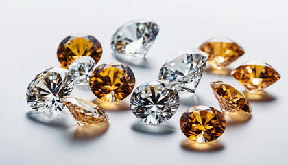 A close-up image of clear and yellow diamonds scattered on a white surface. The diamonds are all cut and polished, and they reflect light beautifully