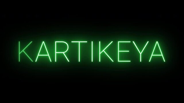 Flickering neon green glowing Kartikeya text animated on black background