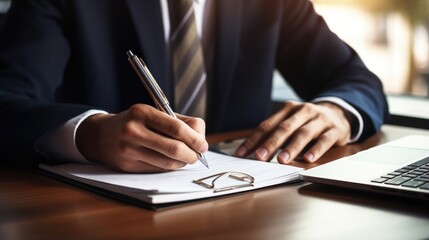 Closeup a businessman writing with papers and pen at desk in office
