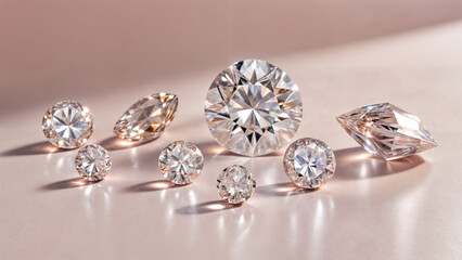 A close-up photo of several diamonds of different shapes and sizes on a soft pink surface