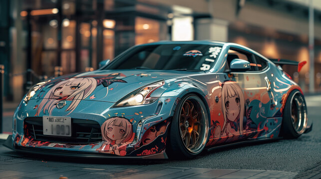 Itasha sports car wrapped with anime characters parked in japane