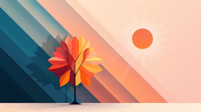Vector tree in flat style, featuring geometric leaves and an abstract, multi-toned background, background separated for customization