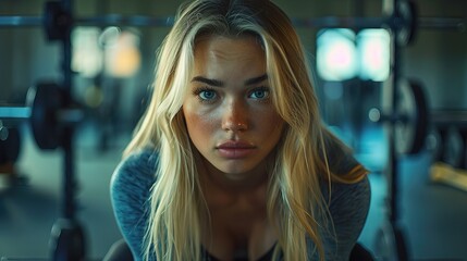 Fototapeta premium Beautiful blonde woman with long straight hair doing squat at the gym, front view, dramatic light