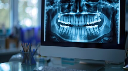 Obraz premium Orthopantomography, OPG X-ray DR digital wisdom teeth. Image on screen during consultation on dental surgery in clinic. Stomatology with medical equipment.