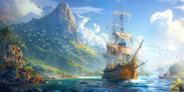 Mysterious Pirate Ship Sailing Under Starry Night Sky. Adventure concept - Powered by Adobe