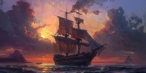 Obraz premium Adventure Awaits. Pirate Ship Fantasy Concept