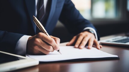 Closeup a businessman writing with papers and pen at desk in office