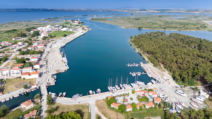 Aerial drone view od Agios Nikolaos Monastery on the Vistonida Lake at Porto Lagos, Greece