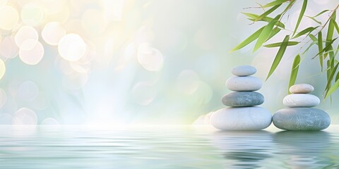 A serene scene of white pebbles stacked in a zen-like formation in shallow water, with soft green bamboo leaves in the background.