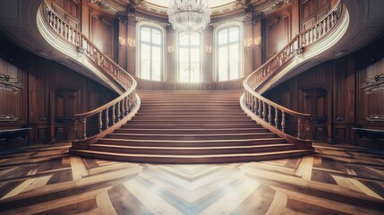Fototapeta premium A luxurious grand staircase in a classic, elegantly furnished mansion, featuring ornate woodwork and plush seating.