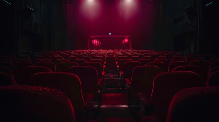 A dark theater with red seats and a red light.