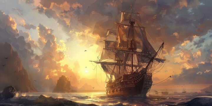 Mysterious Pirate Ship. Adventure and exploration concept