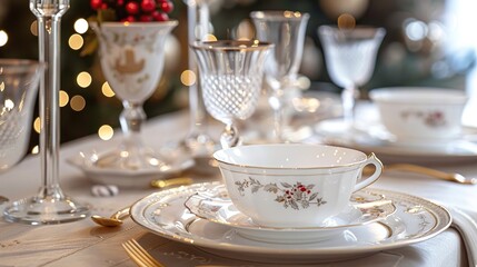 Fototapeta premium Festive Elegance: Christmas Table Setting with Fine China and Crystal Glassware