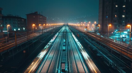 Fototapeta premium Futuristic Night Train Station - Illuminated train tracks and platforms at night, showcasing a futuristic, empty train station with city lights in the background.