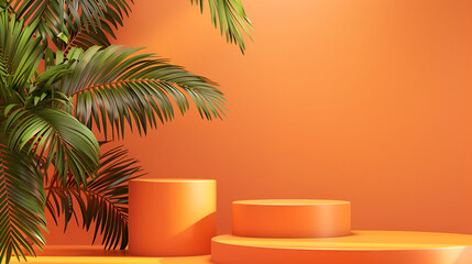 Fototapeta premium Podium minimal on stage with palm summer orange platform, studio background 3d rendering orange podium, 3d background products display podium scene with leaf geometric platform,background 