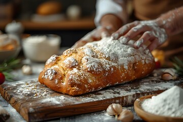 Warm kitchen, fresh bread baking.
