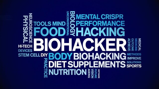 Biohacker animated word cloud;text design animation tag kinetic typography seamless loop.