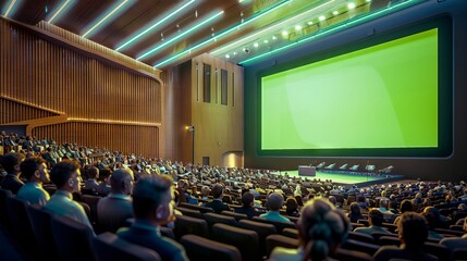 A large auditorium with green screen and people.