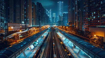 Naklejka premium Futuristic City Railway at Night - Stunning night view of a futuristic city railway with illuminated skyscrapers and vibrant neon lights.