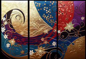 Triptych Japanese nihonga abstract texture acrylic painting