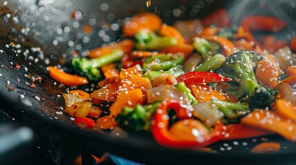 A closeup shot of a vegetable stirfry in a wok glistening from the use of sesame oil.