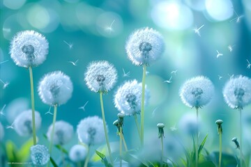 Obraz premium Dandelions in the grass with blue background.