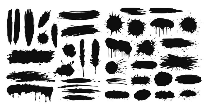 Ink splatter vector illustration set. Set of vector paint brush stroke, ink splatter and artistic design elements.