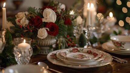 Fototapeta premium Festive Elegance: Holiday Table Setting with Candles and Fine China