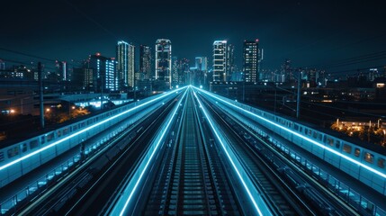 Fototapeta premium Futuristic Night Train Tracks - A mesmerizing view of futuristic train tracks illuminated by neon lights, set against a backdrop of modern city skyscrapers at night.