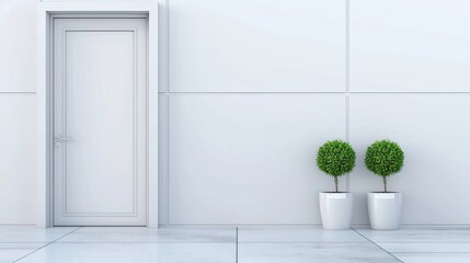 A close-up view of a white front door with decorative molding, a silver door handle, and potted plants on either side