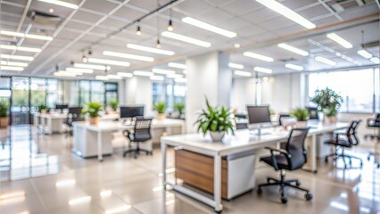White Office Interior Blur: A blurred background of a spacious white open space office interior, creating a clean and modern backdrop.	
