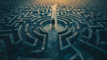 Businessman standing in the middle of a maze looking for the correct solution to a problem and solution.
