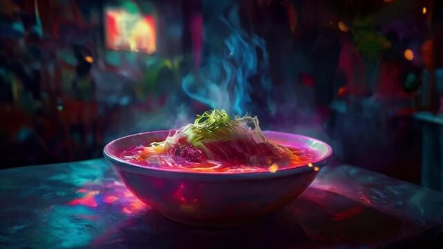 A bowl of steaming soup with chopsticks resting on the side of the bowl. The background is blurry and looks like a restaurant.
