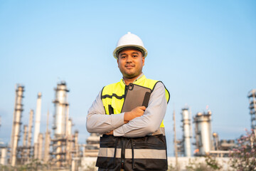 Asian engineer man with safety helmet standing front of oil refinery. Industry zone gas petrochemical. Factory oil storage tank and pipeline. Workers work in the refinery construction building