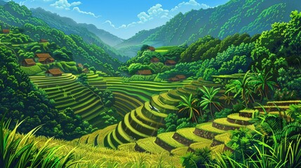 Breathtaking view of lush green rice terraces in Southeast Asia, showcasing traditional farming and beautiful nature. Concept of travel, agriculture, sustainability, and cultural landscapes.