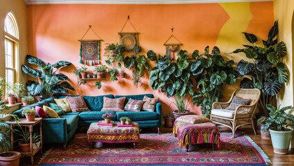 A bohemian-inspired living space with vibrant colors, eclectic furniture, and an abundance of plants