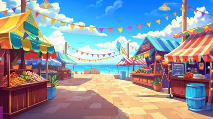 Fototapeta premium Vibrant Beach Marketplace with Colorful Stalls and Ocean View