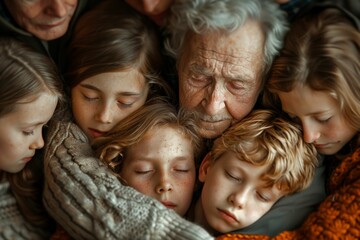 A group of children and an elderly man share a comforting moment, nestled closely together, highlighting the bond of family and multigenerational love.
