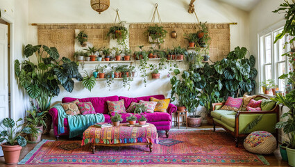 A bohemian-inspired living space with vibrant colors, eclectic furniture, and an abundance of plants