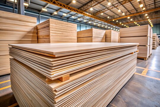 Stacked plywood sheets in a warehouse, showcasing natural wood grain patterns and textures, perfect for construction and carpentry-related promotional materials and designs.