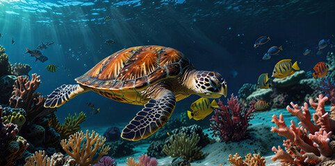 Fototapeta premium stunning giant turtle swim in the underwater