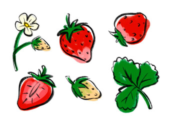 Strawberries and greens hand drawn color doodle set. Isolated colorful brush painted plant collection on transparent background. Printable illustration for stickers, decoration or web design.