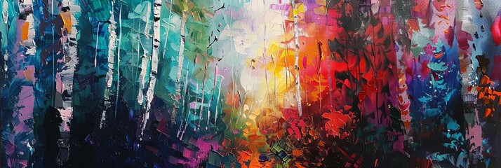 The image is a colorful painting of trees in a forest. The trees are painted in a variety of colorsincluding 