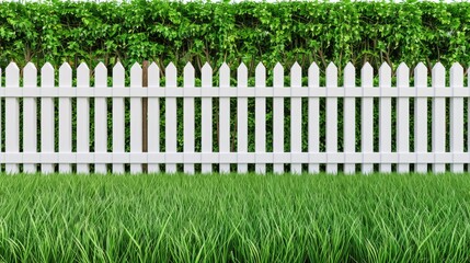 Obraz premium A white picket fence lines a manicured green hedge, creating a beautiful border between a private property and the public sidewalk.