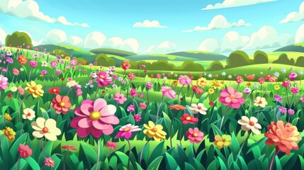 Cartoon landscape of a colorful flower field during a bright sunny day. Ideal for spring, summer, nature, beauty, or animation backgrounds.