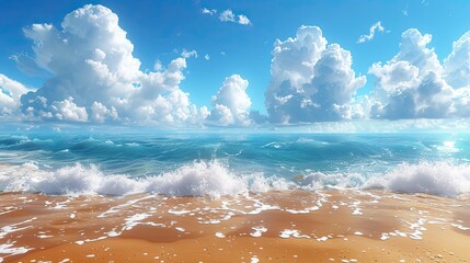 Sunny summer background with a bright blue sky, fluffy white clouds, and a golden sandy beach.