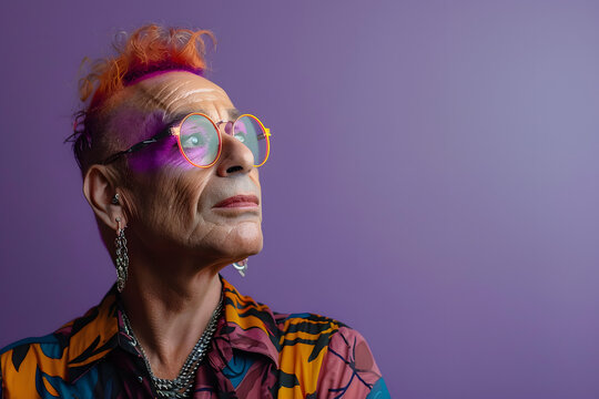 Elderly mature gay man with make up standing against purple background. Happy pride month.