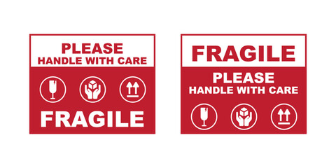 Vector illustration of Fragile, Handle with Care or Package Label stickers set. Red and white