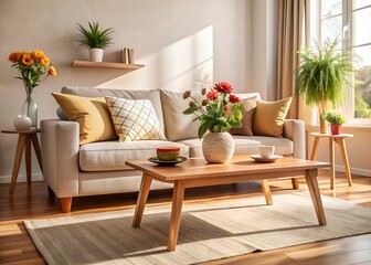 Cozy living room interior with plush beige sofa, wooden coffee table, and vibrant flower pot on side table, surrounded by warm natural light.