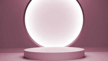 White Podium with bright light shining from the large disk with pink background for product showcase and product advertisement